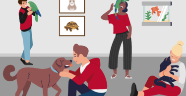 A cartoon image of multiple people in a room playing with different animals including a dog, cat, lizard, and bird.