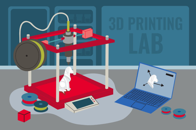 A cartoonish image of a red 3D printer creating different objects. There is a sign that says 3D printing lab.