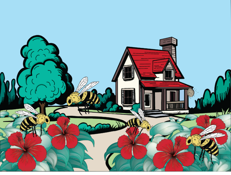 Illustration of a colorful house and front yard filled with flowers and bees.