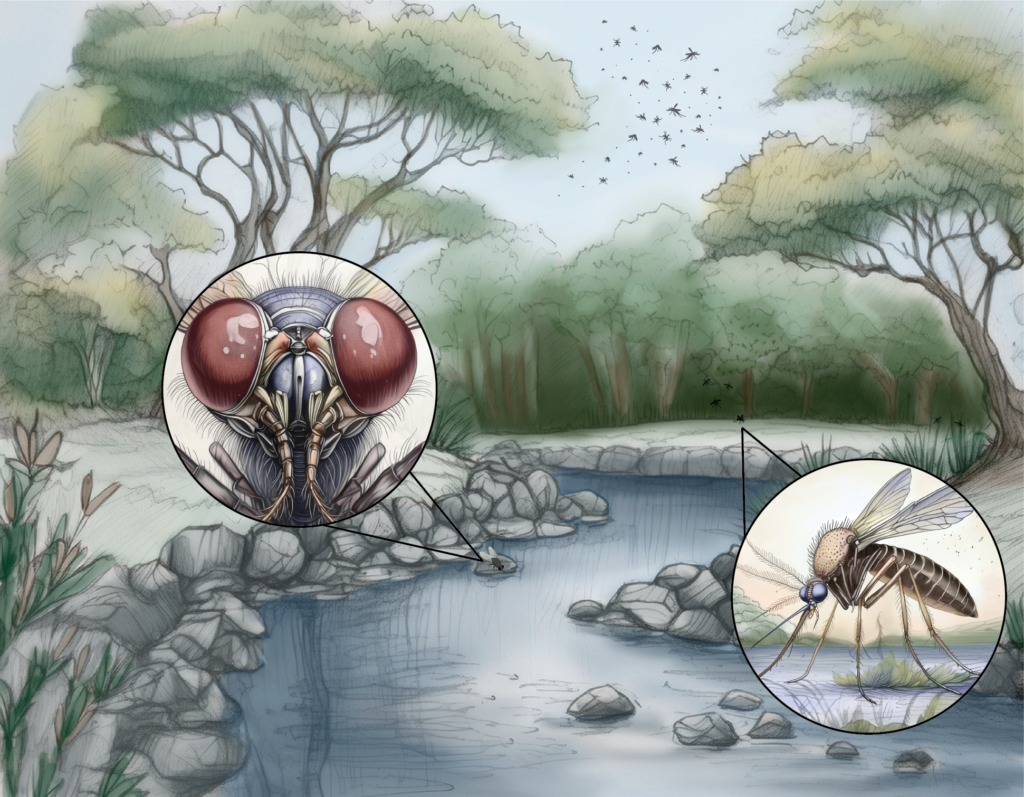 An illustrated image of mosquitoes and flies at a lake.