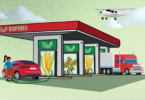 Illustrated vehicles including a car, plane, and truck get biofuels from a pump.