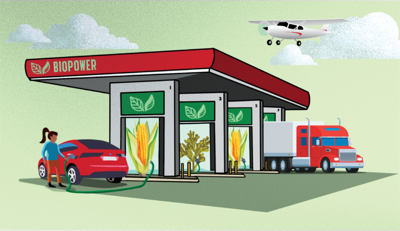 Illustrated vehicles including a car, plane, and truck get biofuels from a pump.