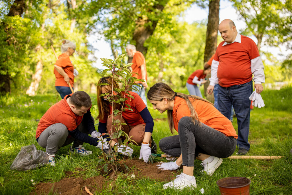 Six people in orange shirts are shown volunteering outside. The three people in the foreground are planting a tree.