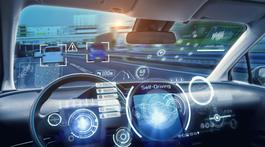 An artistic rendering of the artificial intelligence used in self-driving cars to prevent accidents on the road.