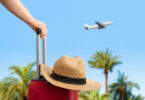 An image of a person's hand holding onto their luggage while a plane takes off in the distance above palm trees.