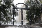 The University of Georgia Arch set in a snowy landscape