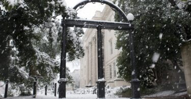 The University of Georgia Arch set in a snowy landscape