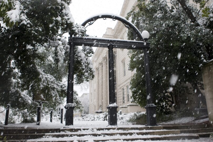 The University of Georgia Arch set in a snowy landscape