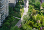 Aerial view of walkable green space next to a building (Getty Images)