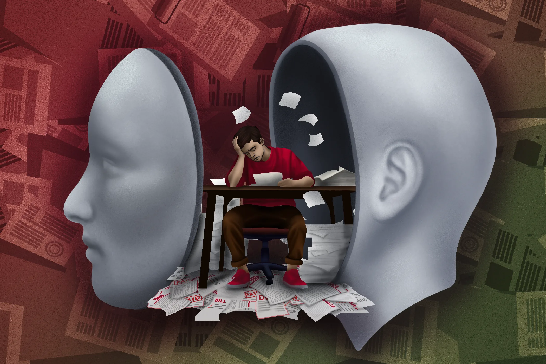 illustration of a young man inside his own had surrounded by papers
