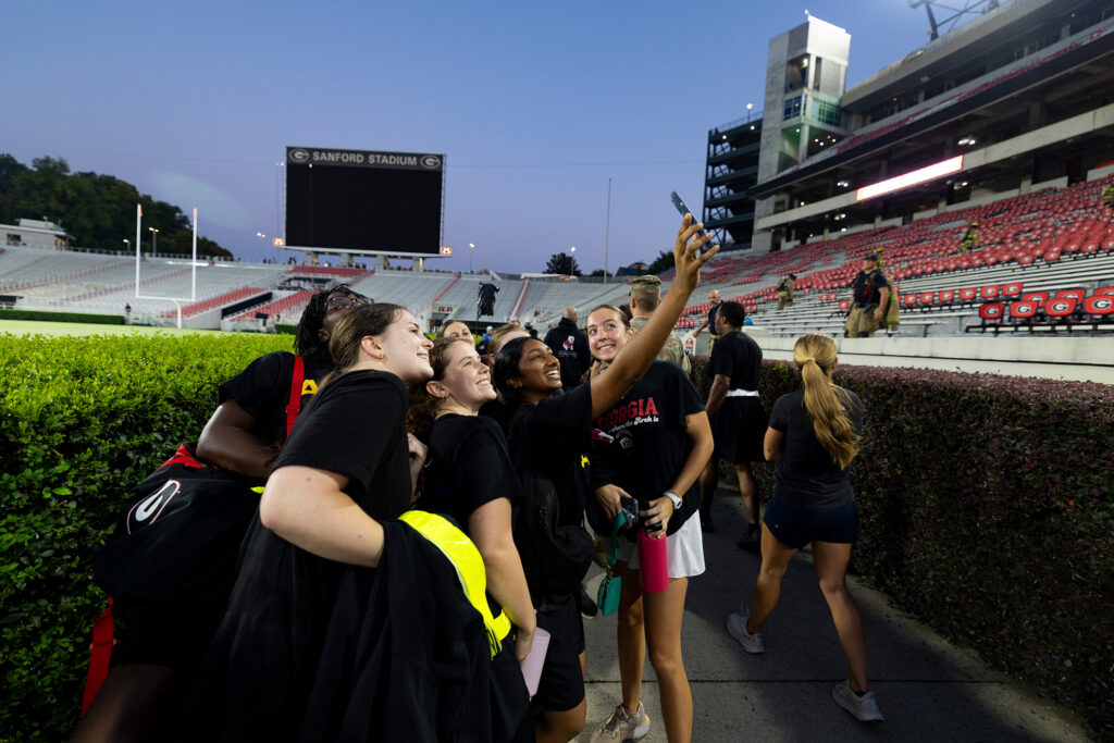 Army ROTC cadets pose for a selfie together after completing the 9/11 memorial stair climb.