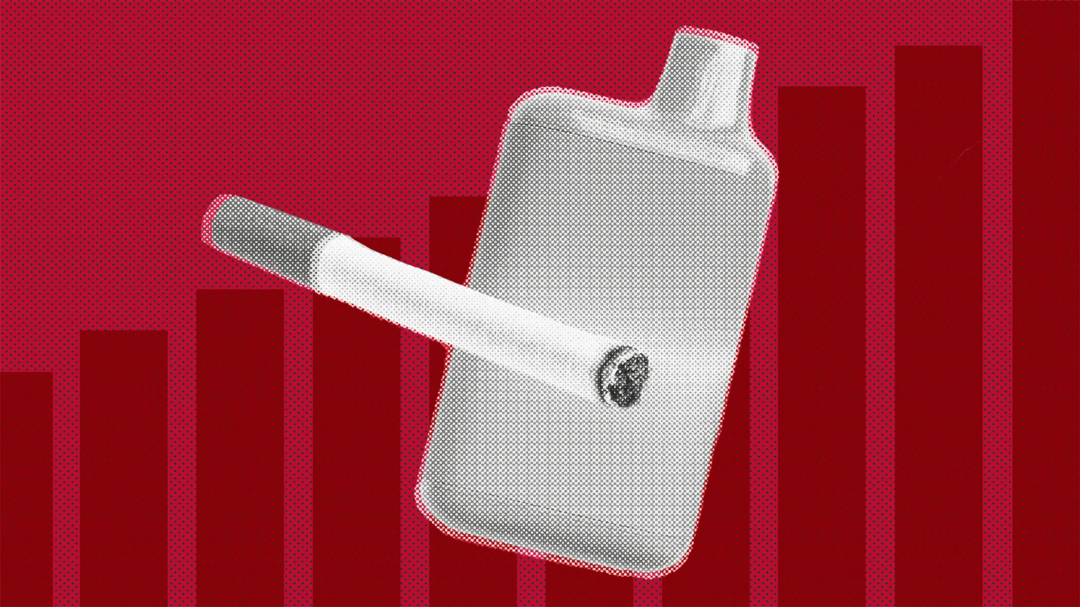 A graphic illustration of a cigarette and vape cartridge on a red background.