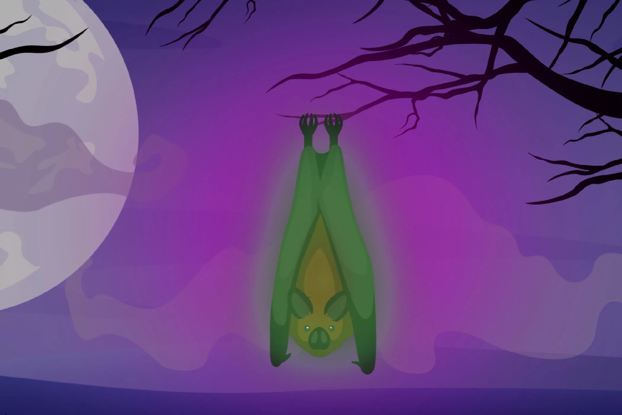 An illustration of a bat emitting a green glow in the dark.