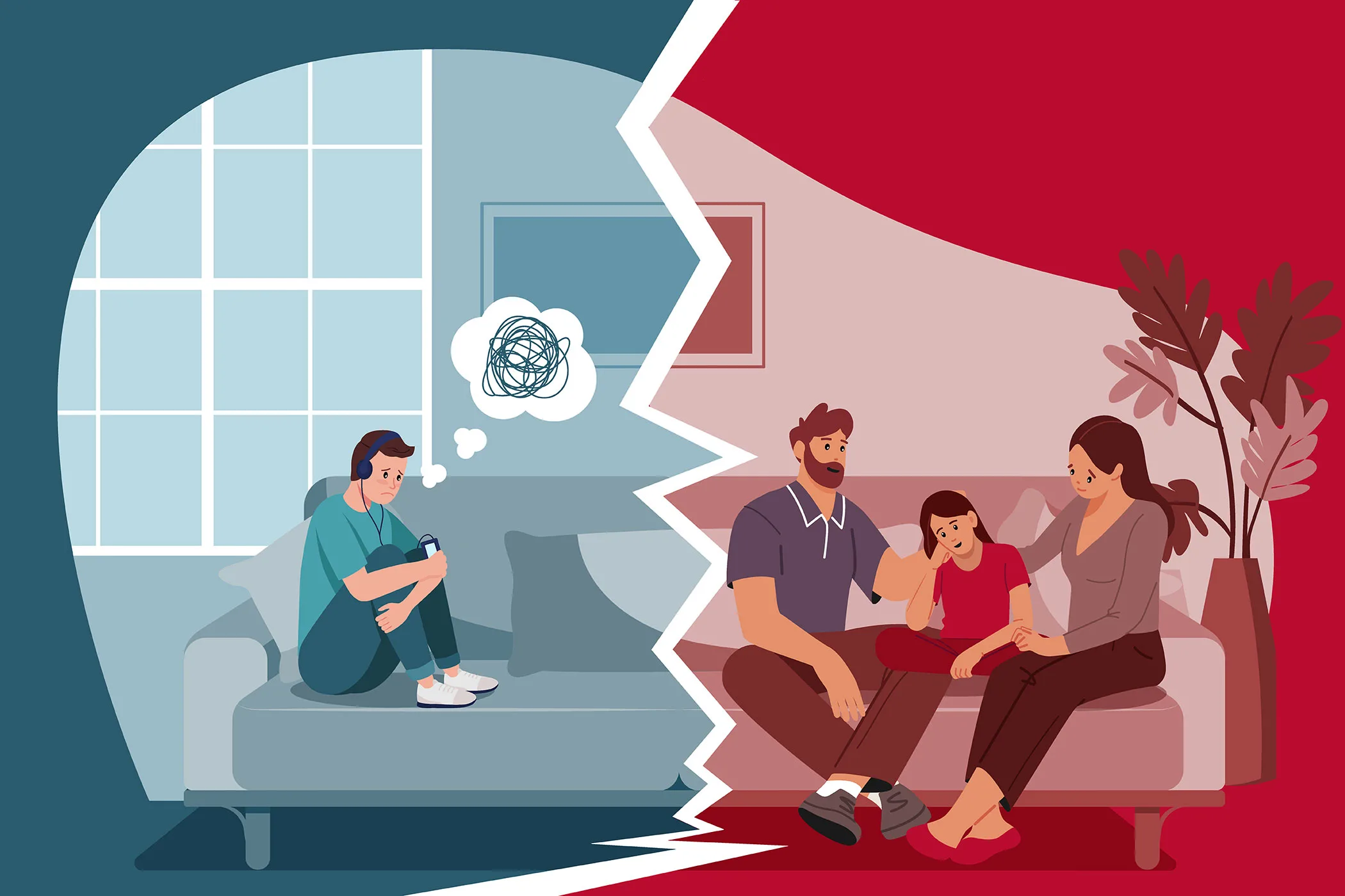 A graphic illustration of a child sitting on the couch by himself surrounded by shades of blue contrasted with a happy child sitting on the other side of the couch with her parents in various shades of red.