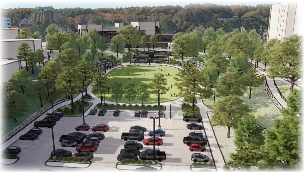 Concept view of the redeveloped Legion Pool and Legion Field area looking south with new security lighting, amphitheater elements, and pathway connections to the new West Campus Dining, Learning, and Well-being Center.