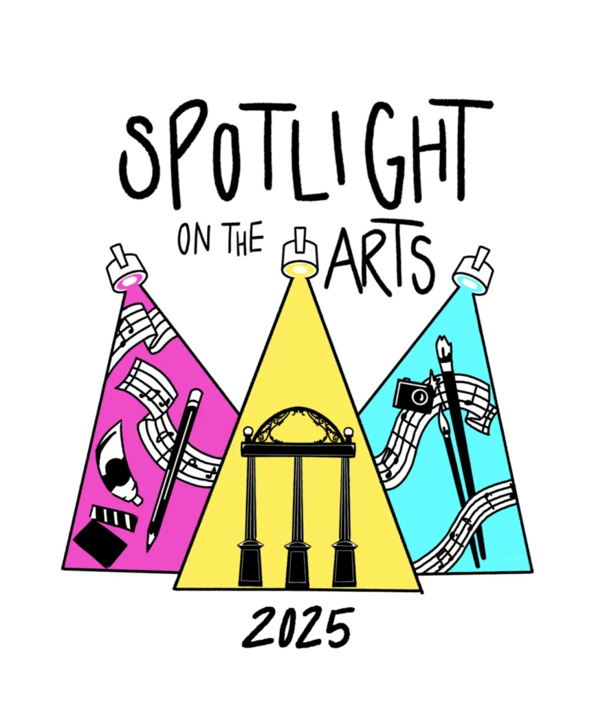 Graphic that says "Spotlight on the Arts 2025" above spotlights shining cyan, yellow and magenta light on objects including musical notes, a pencil, a paint tube, the UGA Arch, a camera, and a paint brush.
