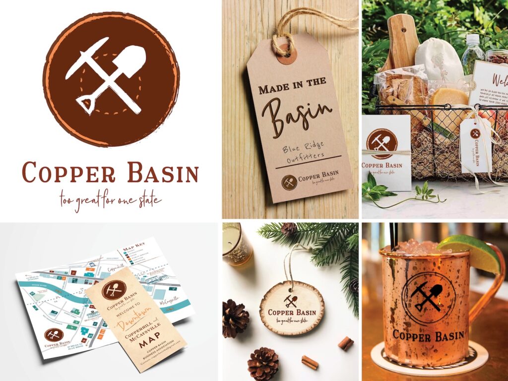 Copper Basin branding items including logo, gift tag, mug, map, and promotional materials.