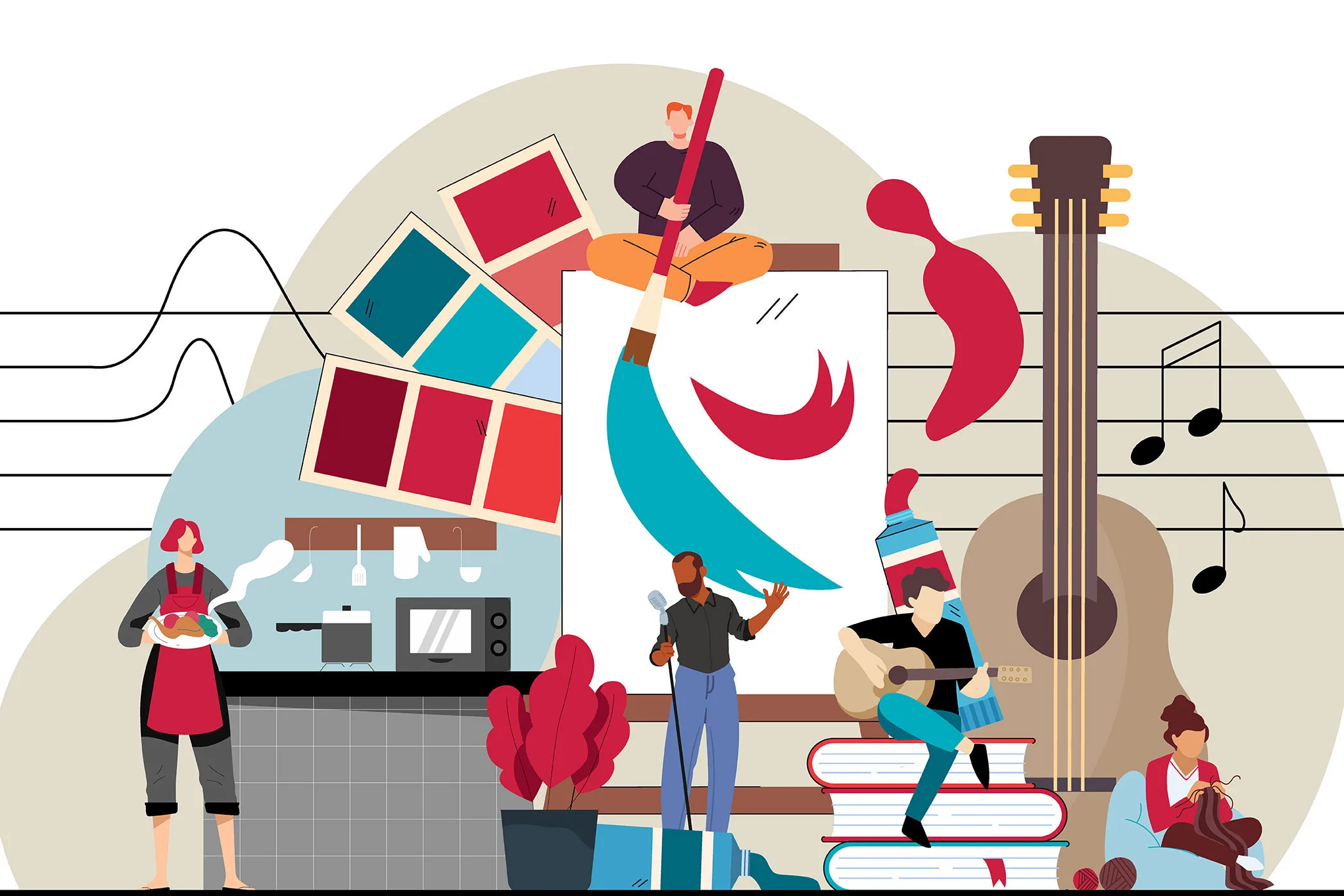 A graphic illustration of people performing creative acts, like playing instruments, cooking and painting.
