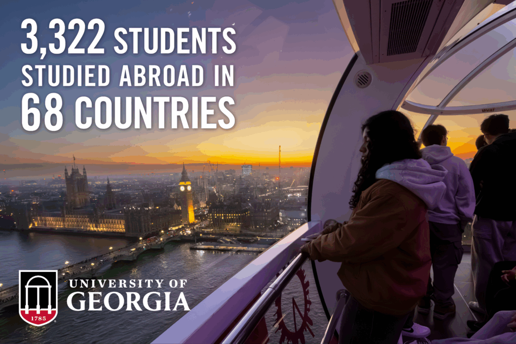 Graphic of UGA logo and “3,322 students studied abroad in 68 countries” text on a photo of students viewing the London skyline from the London Eye at sunset.