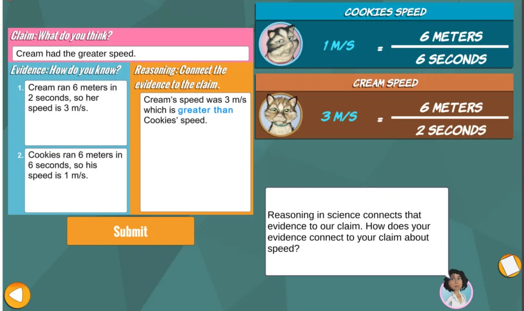A screen grab from the video game gives students details helping them to analyze the health of the two cats.