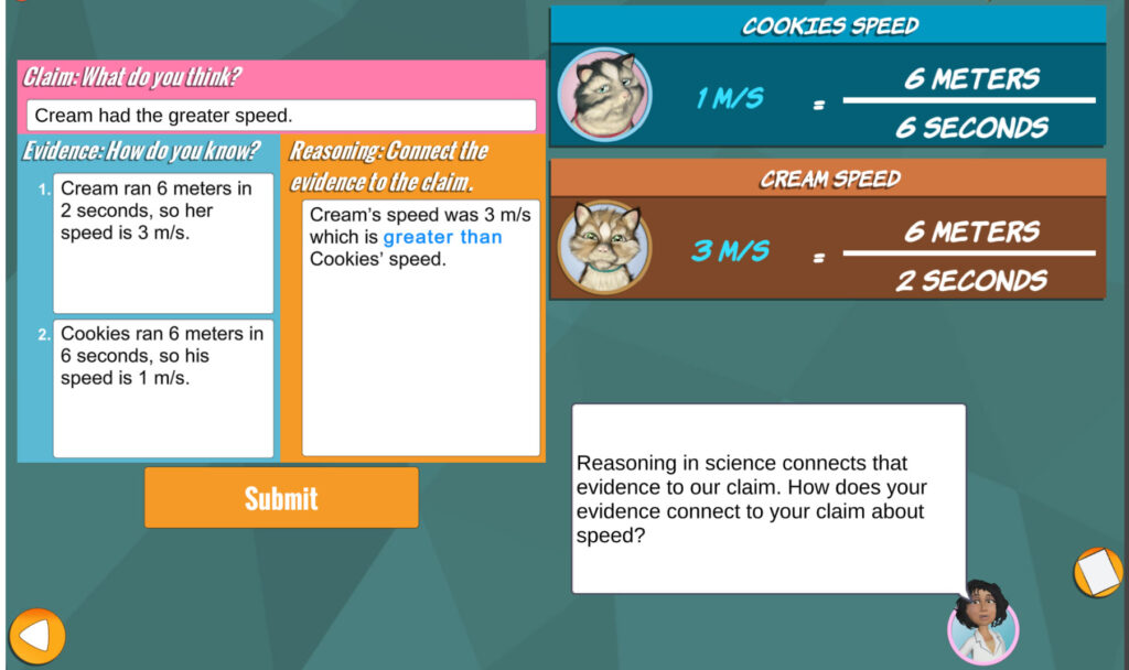 A screen grab from the video game gives students details helping them to analyze the health of the two cats.