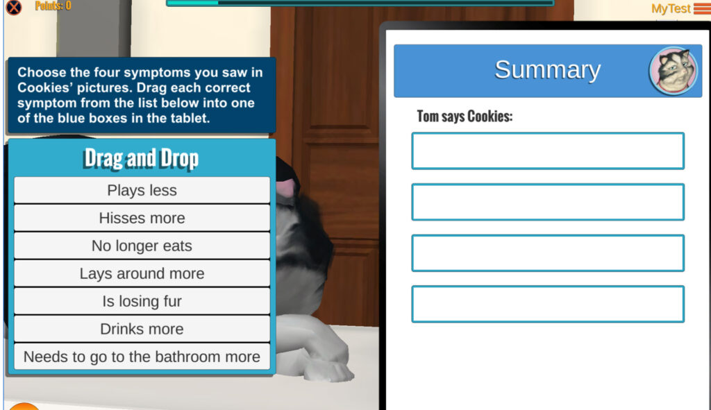 A screen grab from the video game gives students details helping them to assess Cookies the cat's health.