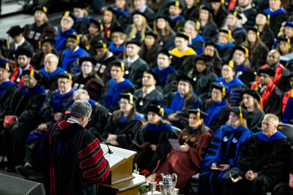 UGA President Jere W. Morehead delivers a speech to graduate students at the fall graduate Commencement ceremony.