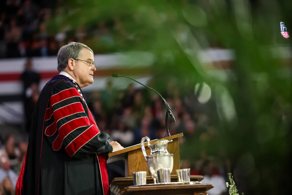 UGA President Jere W. Morehead gives remarks during fall undergraduate Commencement.