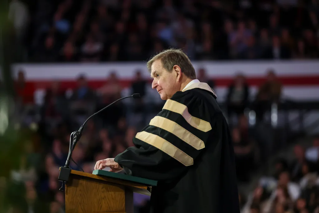 Doug Ivester, president of Deer Run Investments, LLC and former chairman and CEO of The Coca-Cola Company, gives remarks during fall undergraduate Commencement.