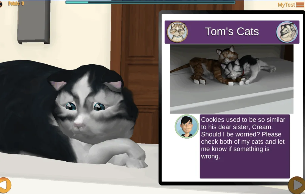 A screen grab from an educational video game shows Cookies the cat and a message expressing concern about Cookies' health from his owner.