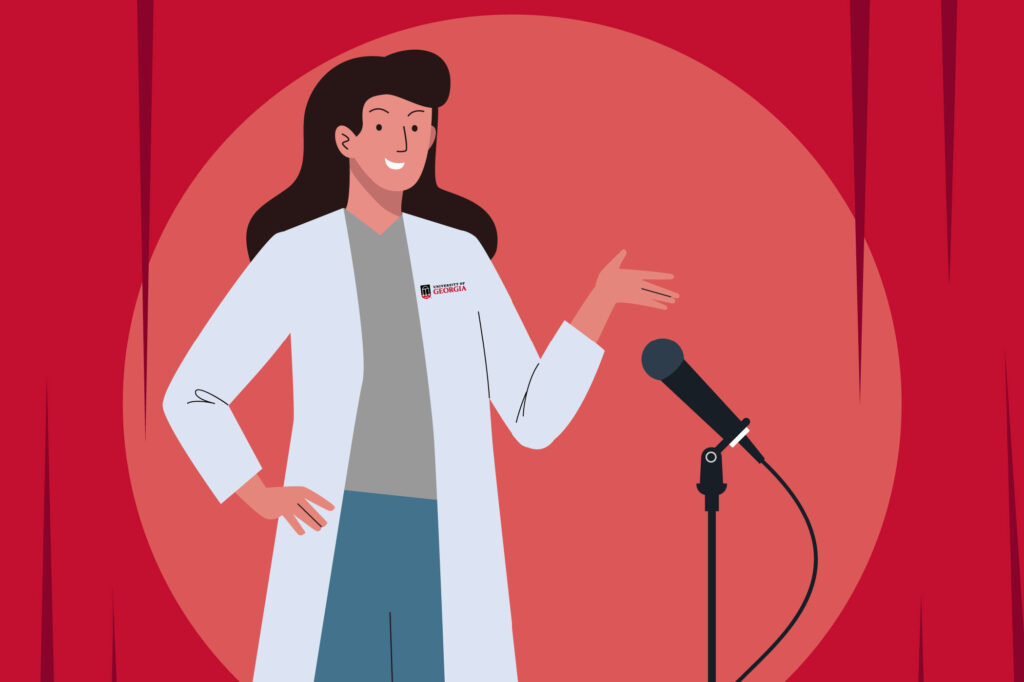 An illustration shows a female researcher in a lab coat on a stage in front of a microphone.