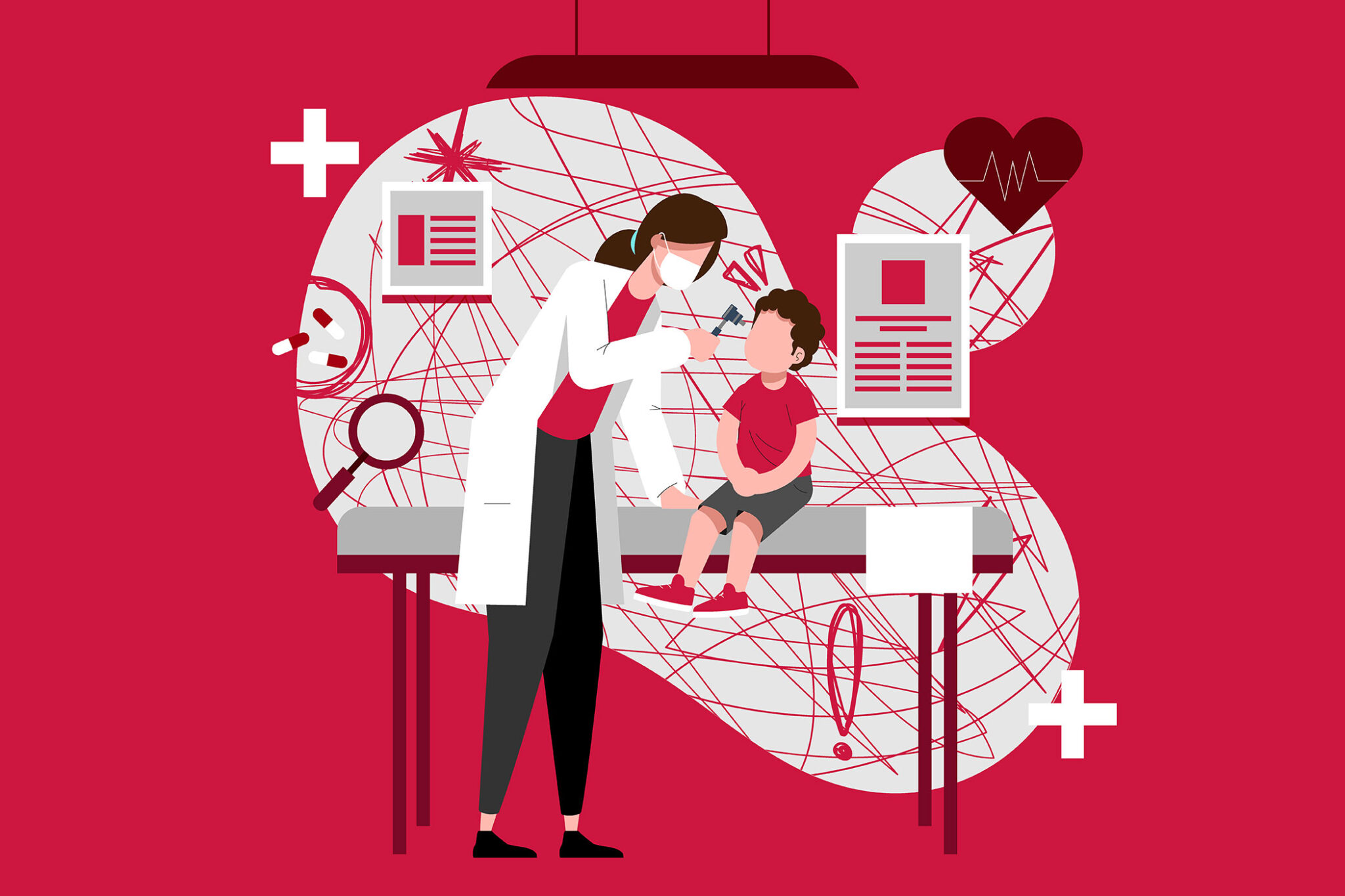 A graphic showing a small child being examined by a doctor in a medical exam room.
