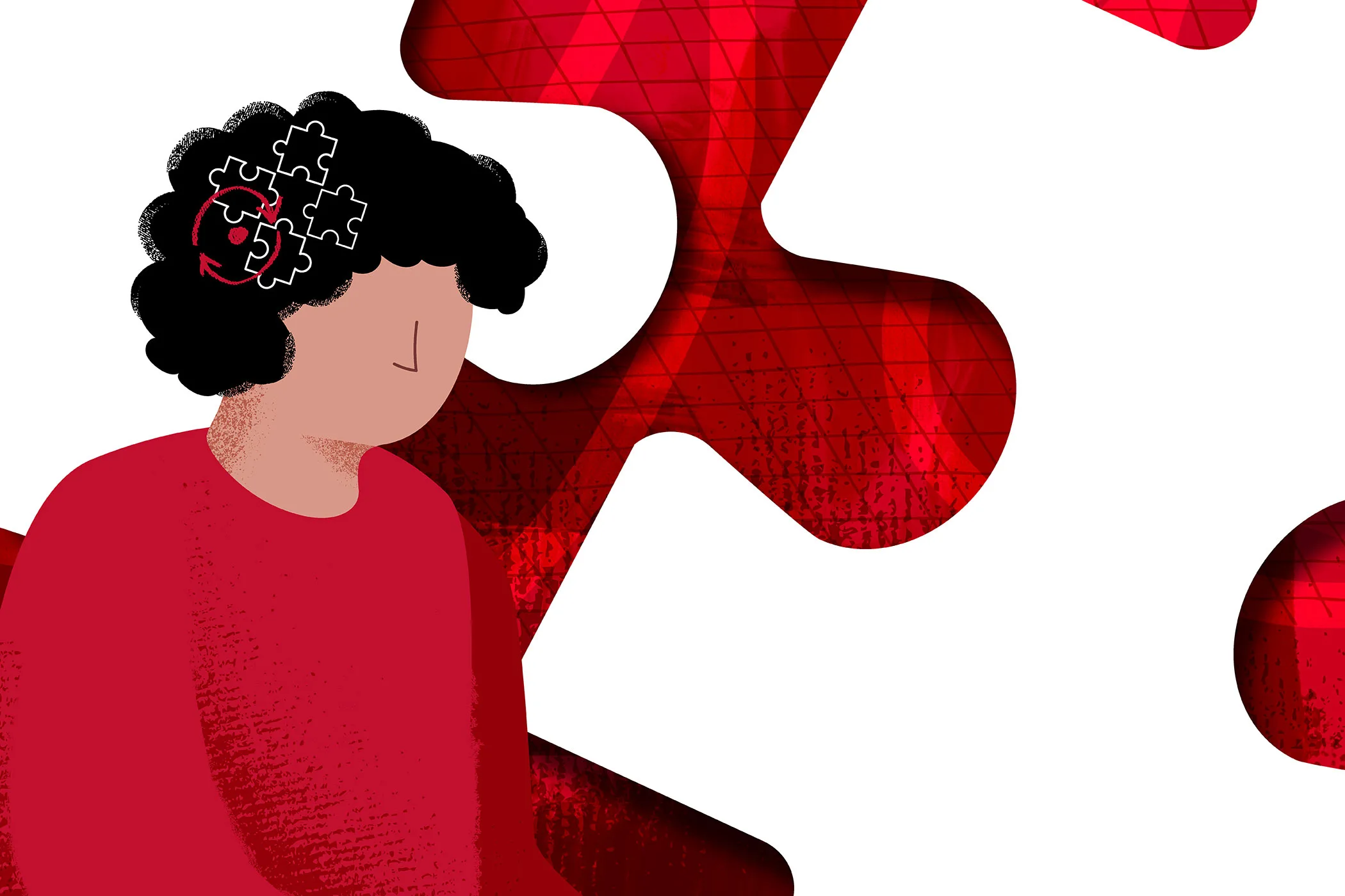 Illustration depicting a person with puzzle pieces in their head.