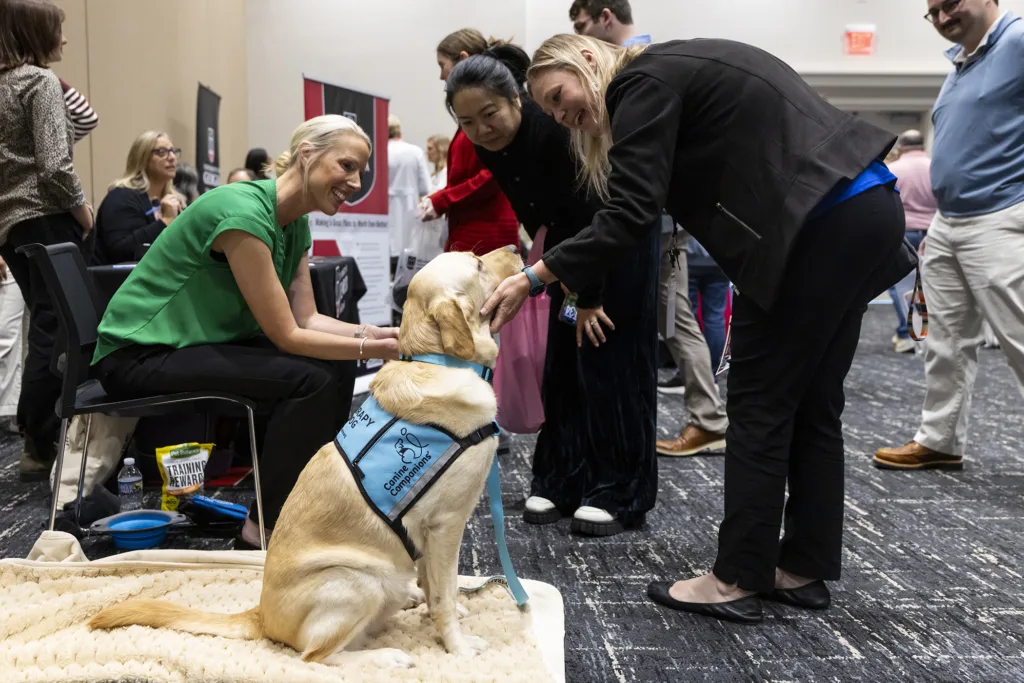 People stop to pet a therapy dog at a wellness event
