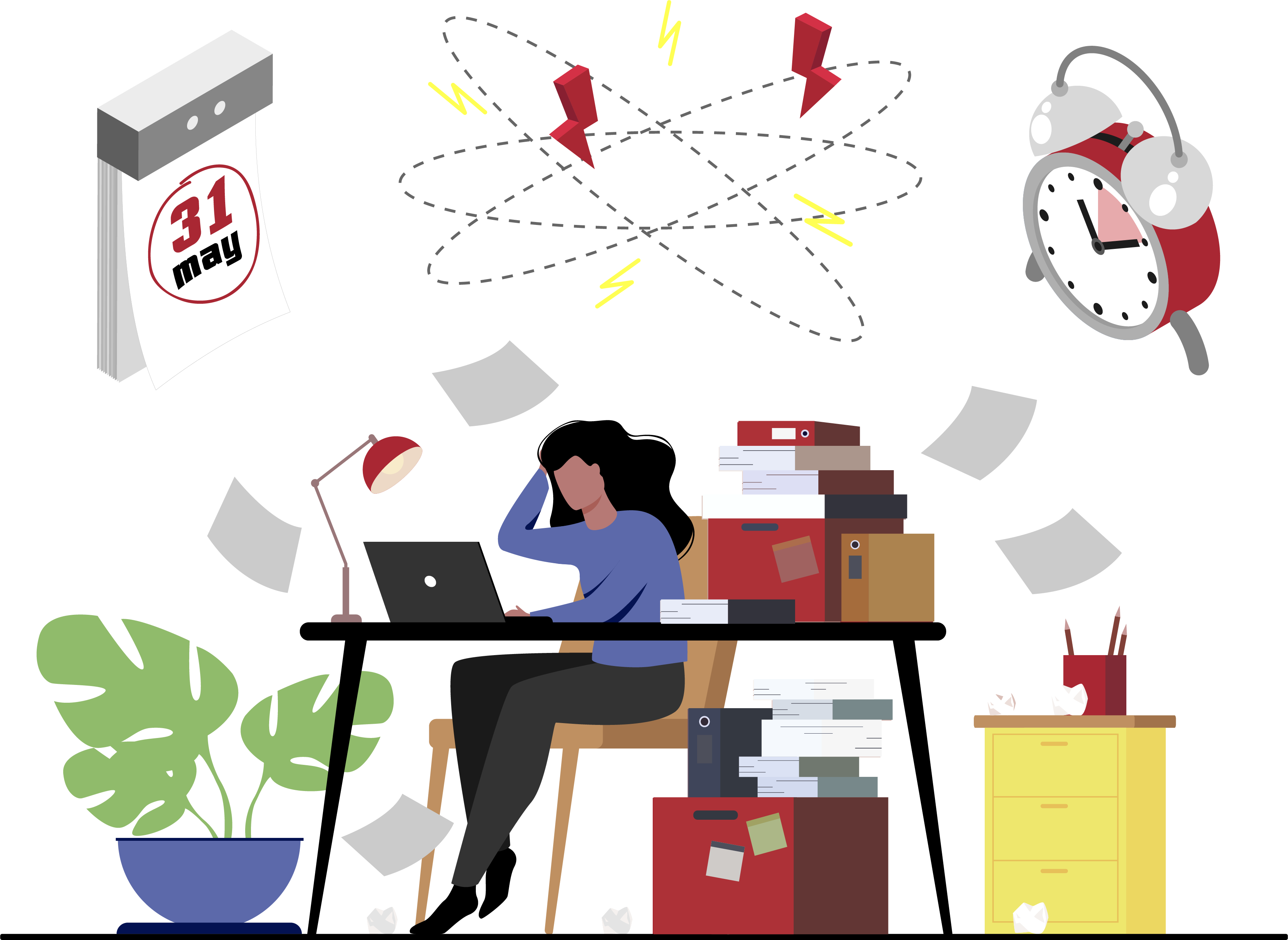 An illustration of a woman surrounded by dates, papers, and lines that symbolize confusion.