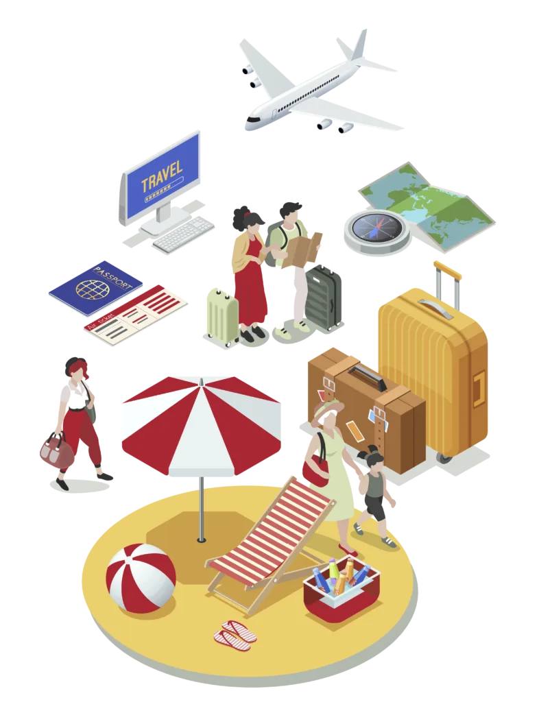 An illustration of several travel-related icons including an airplane, map, and suitcase among other images.