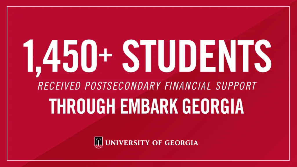 White text on a red background that says "1,450+ students received postsecondary financial support through Embark Georgia" with a University of Georgia logo below.