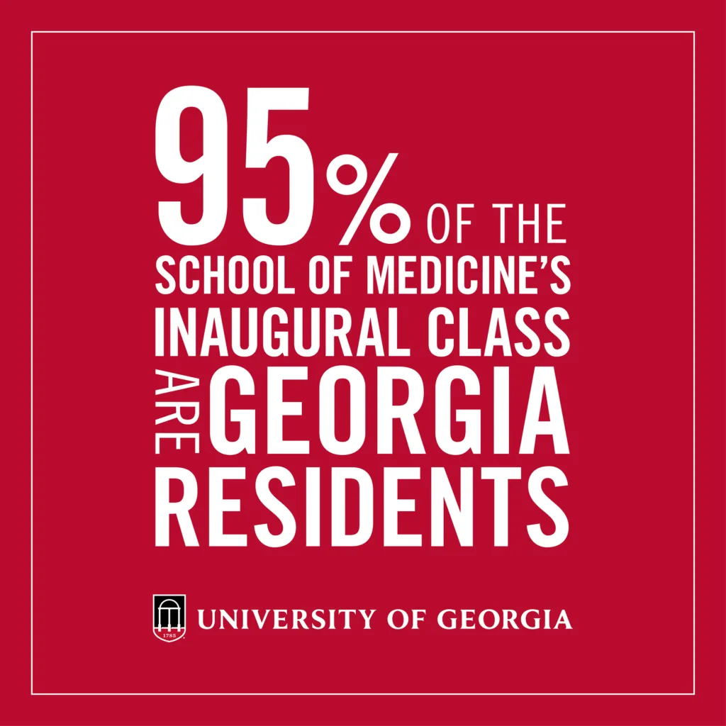 White text that says "95% of the School of Medicine's inaugural class are Georgia residents" on a red background with a UGA logo. 