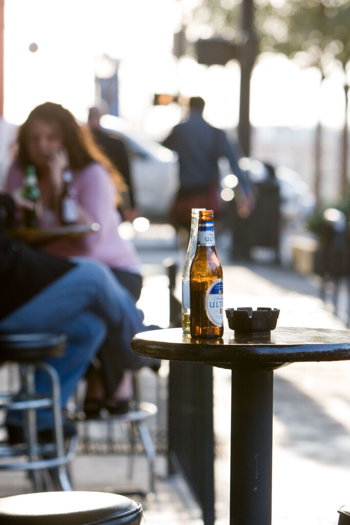 A photo of beers on a table in downtown Athens, Georgia.