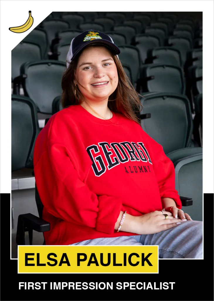 Digital trading card that reads "elsa paulick, first impression specialist"