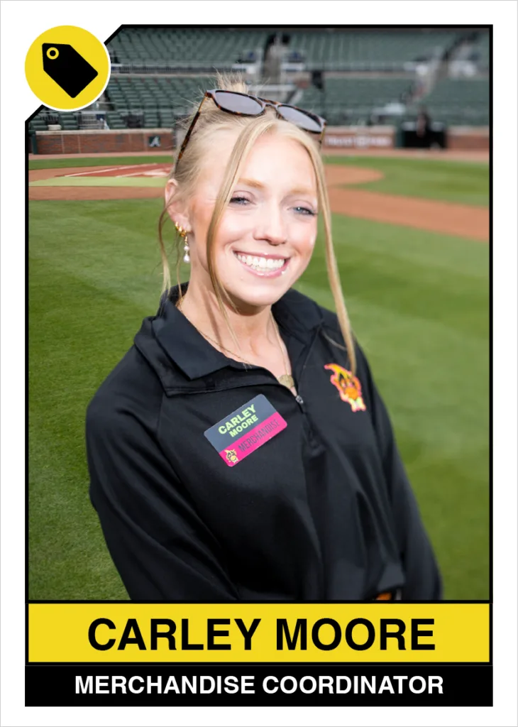 Digital trading card that reads "carley moore, merchandise coordinator"
