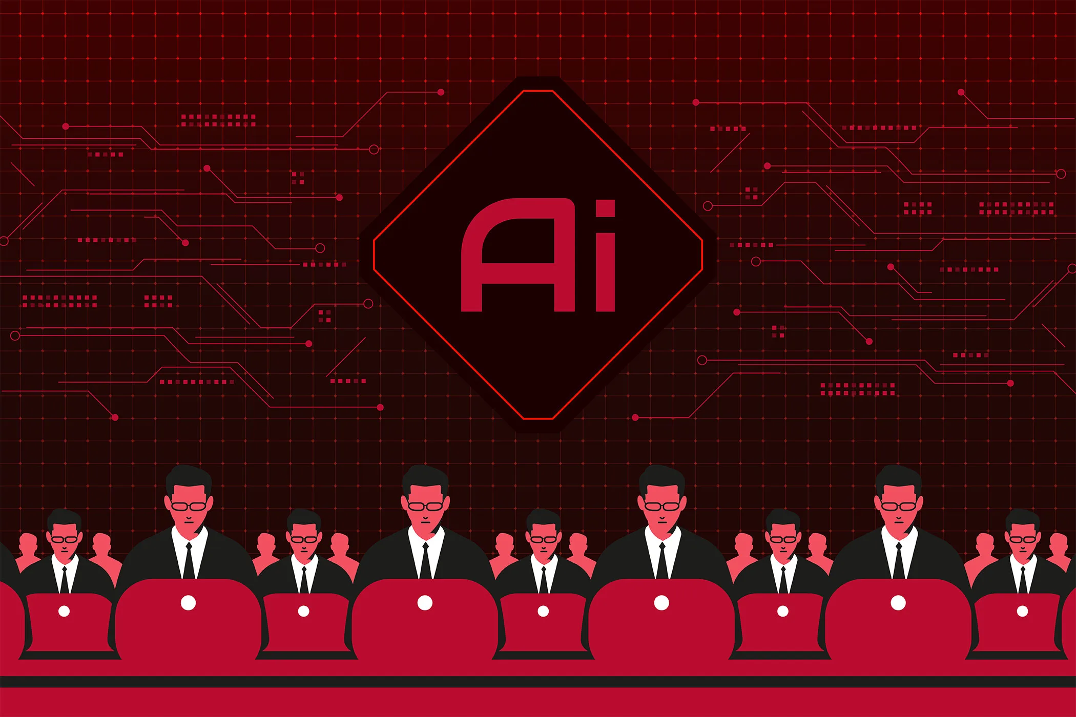 An illustration of people working on laptops with the phrase AI hovering above them.
